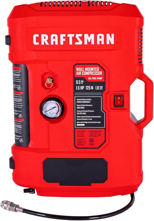 CRAFTSMAN Tire Inflator, All in One Wall Mount Air Compressor Oil-Free with Retractable 30ft Air Hose and Pressure Regulator, Great for Tire Inflation, Brad/Stapler, Finishing Jobs,1.5HP 125PSI