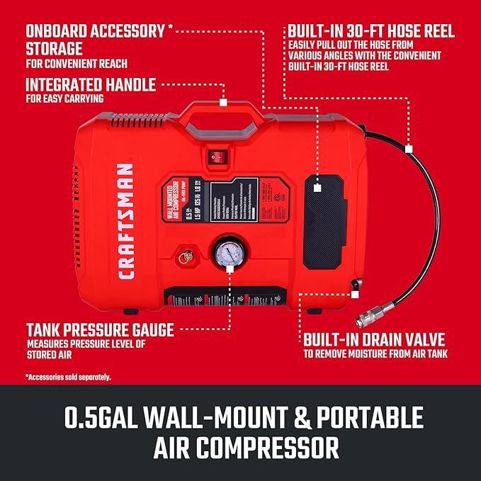 CRAFTSMAN Tire Inflator, All in One Wall Mount Air Compressor Oil-Free with Retractable 30ft Air Hose and Pressure Regulator, Great for Tire Inflation, Brad/Stapler, Finishing Jobs,1.5HP 125PSI